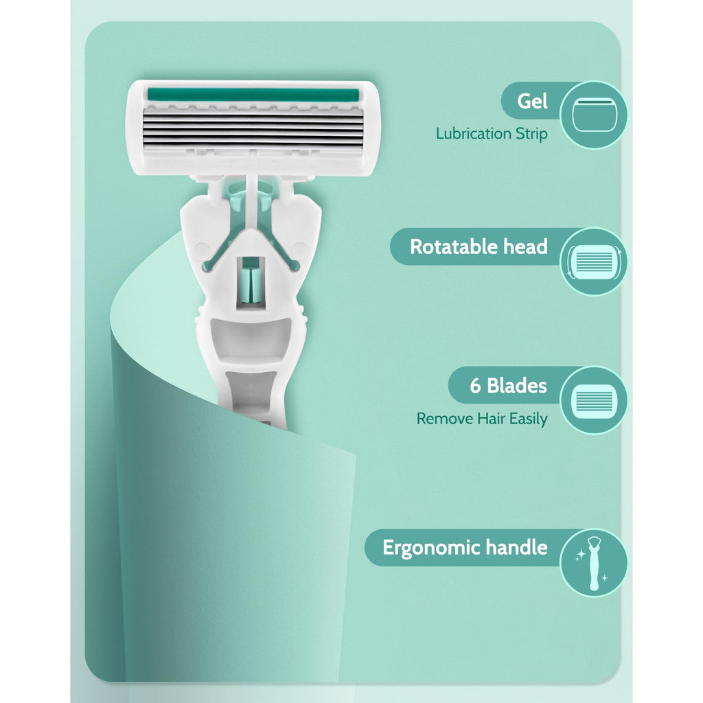 Women’s razor featuring a rotatable head, 6 blades, lubrication strip, and ergonomic handle for sensitive skin.