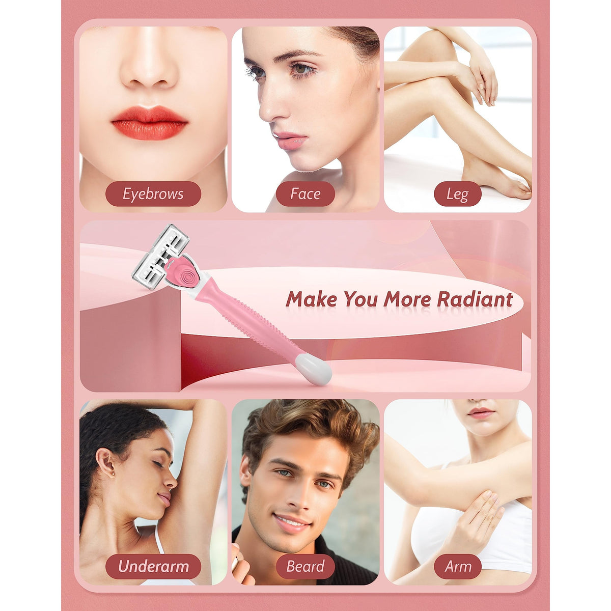 Packaged razor for women designed for sensitive skin with 6 blades. Ideal for eyebrows, face, legs, and more.