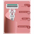 Women's razor designed for sensitive skin with 6 blades, gel strip, rotatable head, and ergonomic handle. Order online today!
