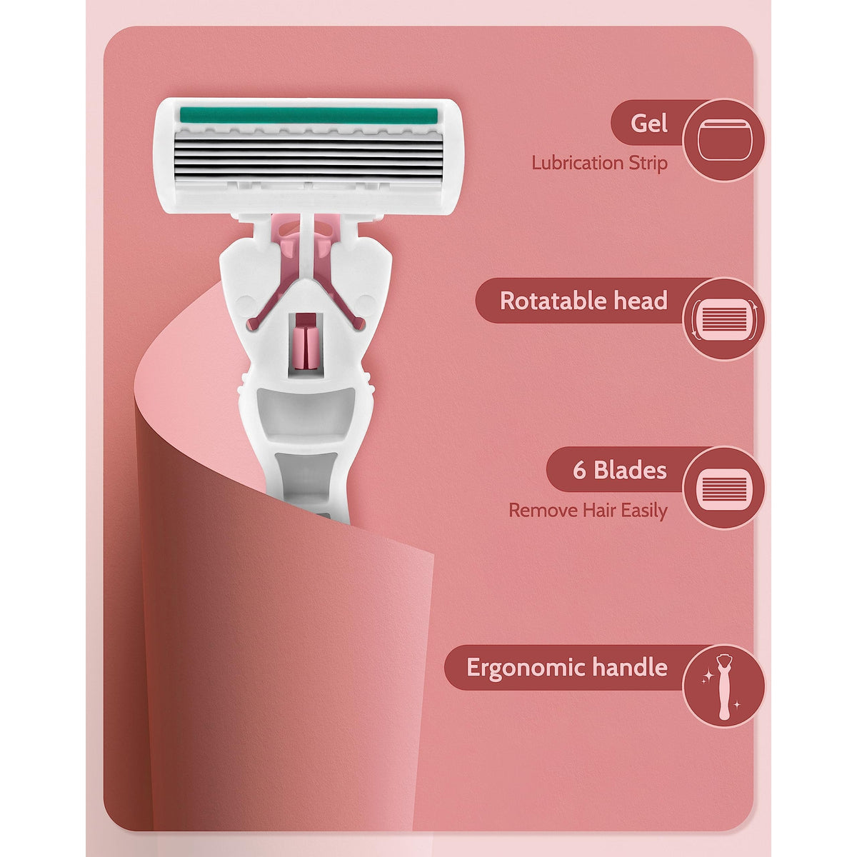 Women's razor designed for sensitive skin with 6 blades, gel strip, rotatable head, and ergonomic handle. Order online today!