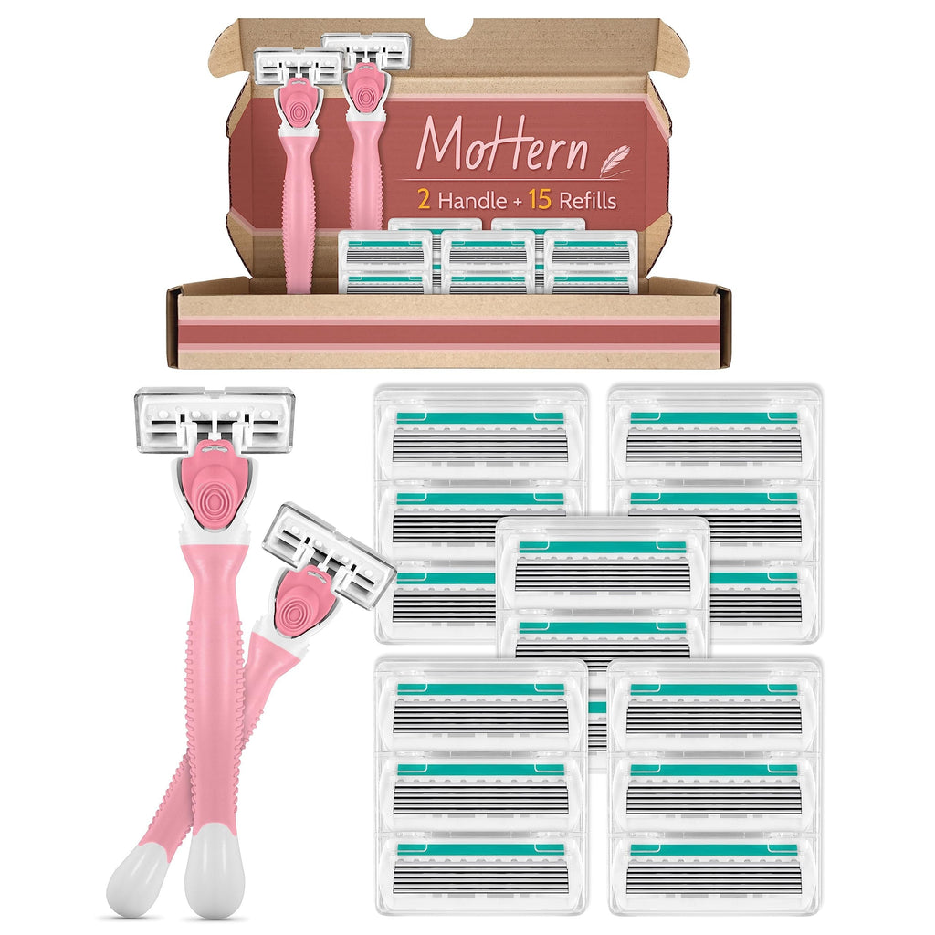 Pack of women's razors for sensitive skin features 2 handles and 15 refill cartridges in original packaging.