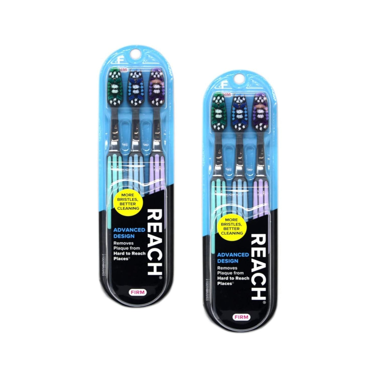 Original packaging of Reach Advanced Design toothbrushes, featuring firm bristles for effective cleaning in hard-to-reach places.