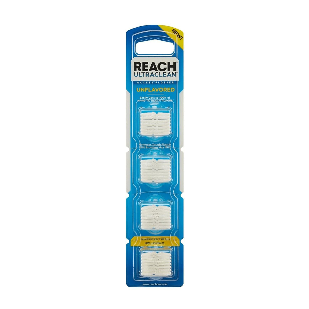 Original REACH Ultraclean Flosser Refill Heads in new packaging, featuring unflavored options for effective dental cleaning.