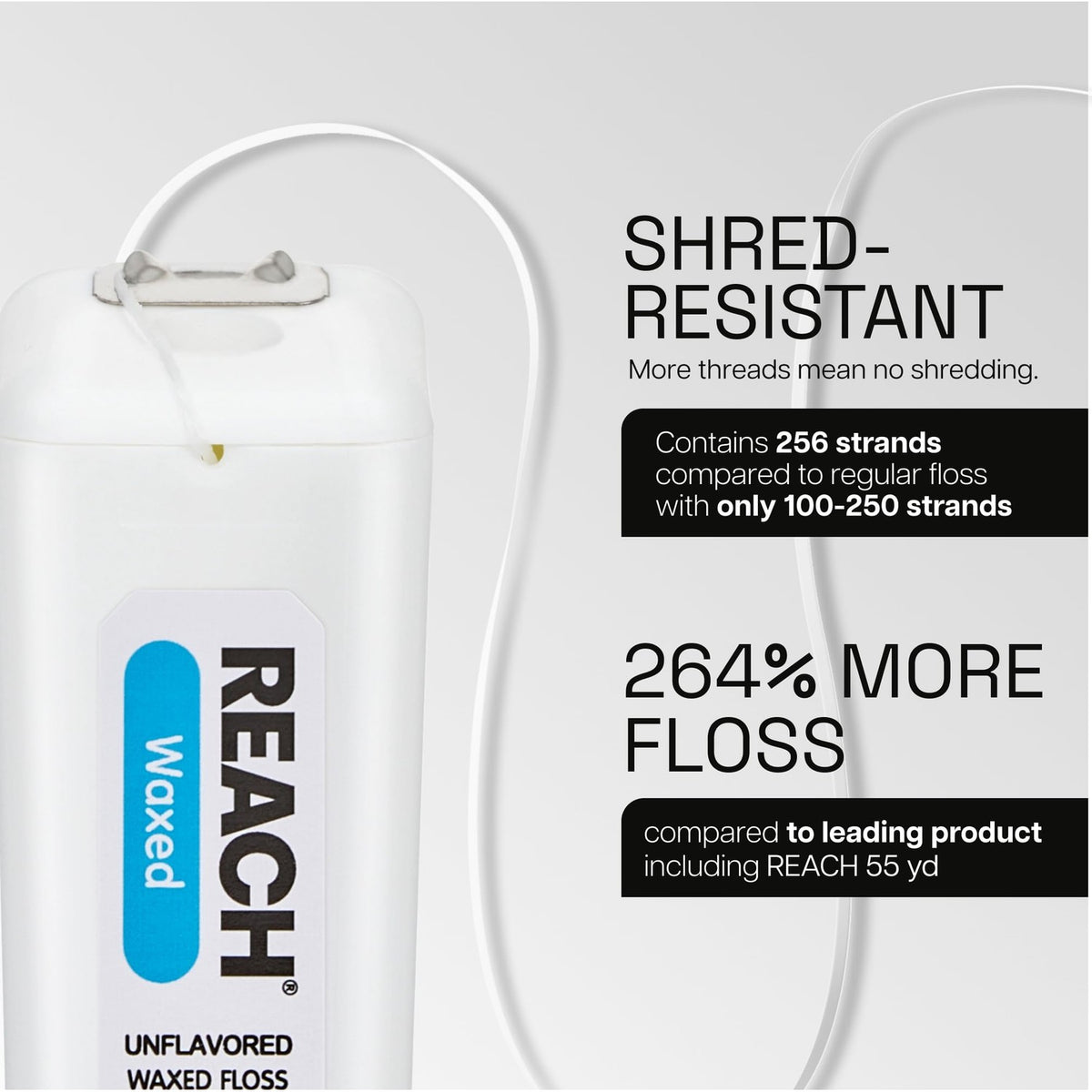 REACH Waxed Dental Floss features shred-resistant quality with 256 strands, packed in official packaging, available at Curat Cart.