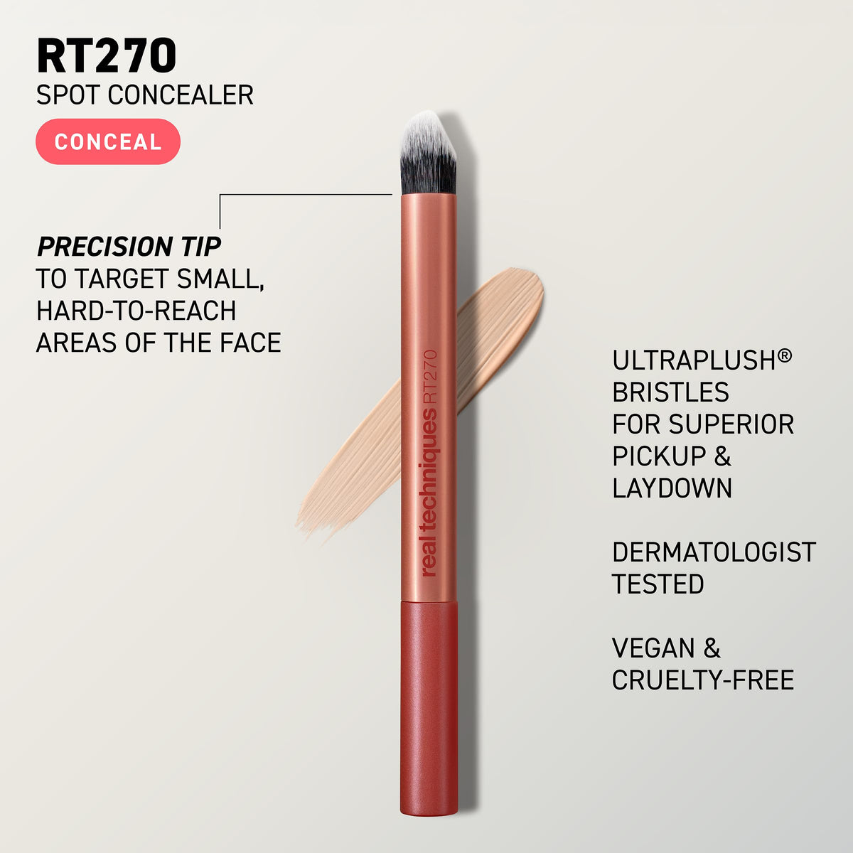 Real Techniques Spot Concealer Brush features a precision tip, ideal for targeting small areas. 100% Authentic and available in India at Curat Cart.