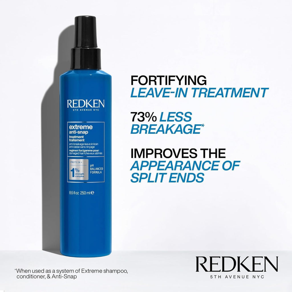 Redken Extreme Anti-Snap Leave-In strengthens hair, reducing breakage by 73%. Order online for healthy, resilient strands.