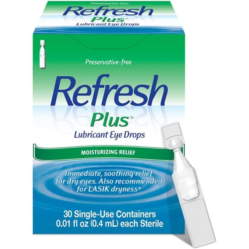Premium imported Refresh Plus Lubricant Eye Drops offer immediate relief for dry eyes in convenient single-use containers.