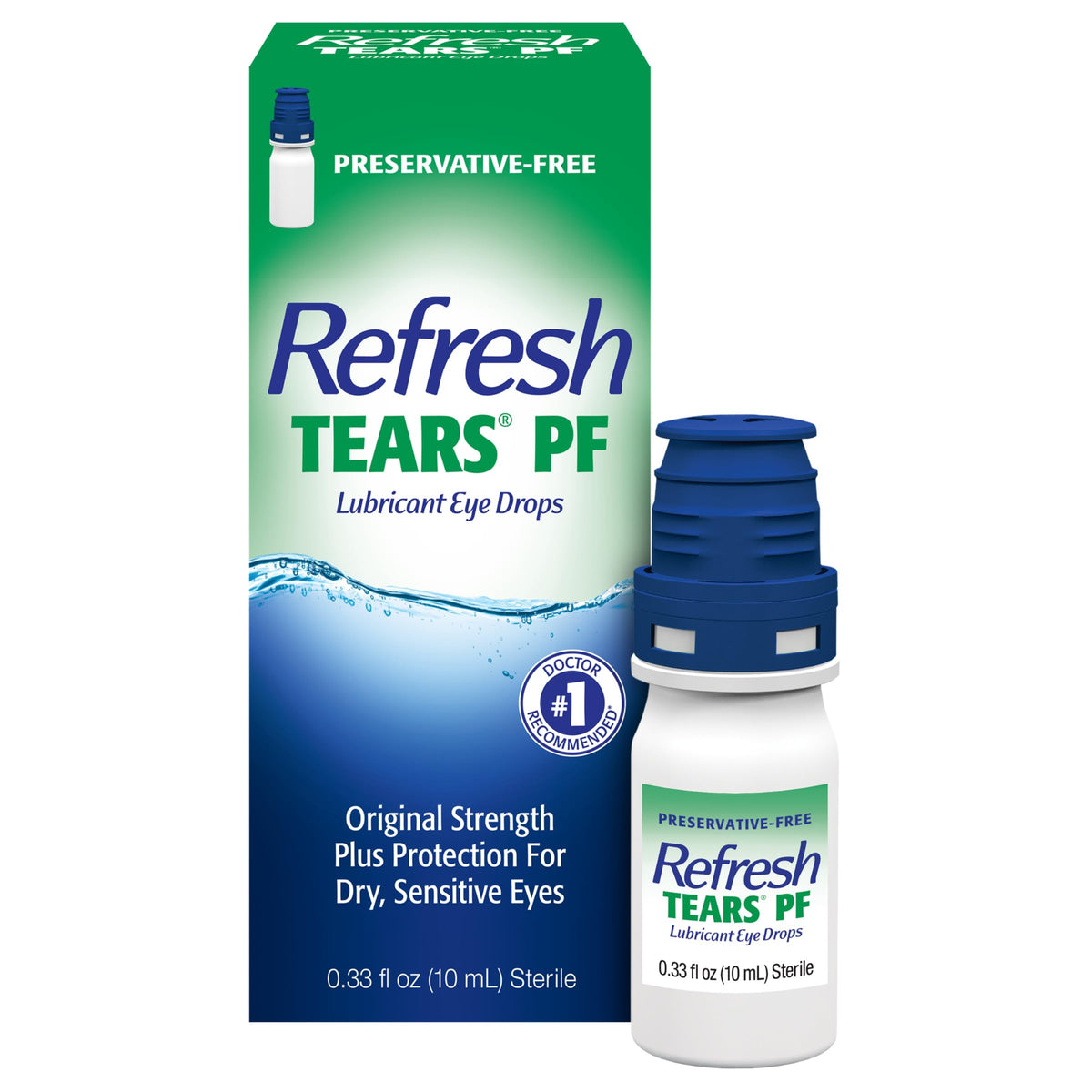Refresh Tears preservative-free eye drops in original packaging, designed for dry, sensitive eyes. Doctor recommended.