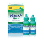Premium imported Refresh Tears eye drops, offering immediate, soothing relief for dry eyes in convenient twin bottles.