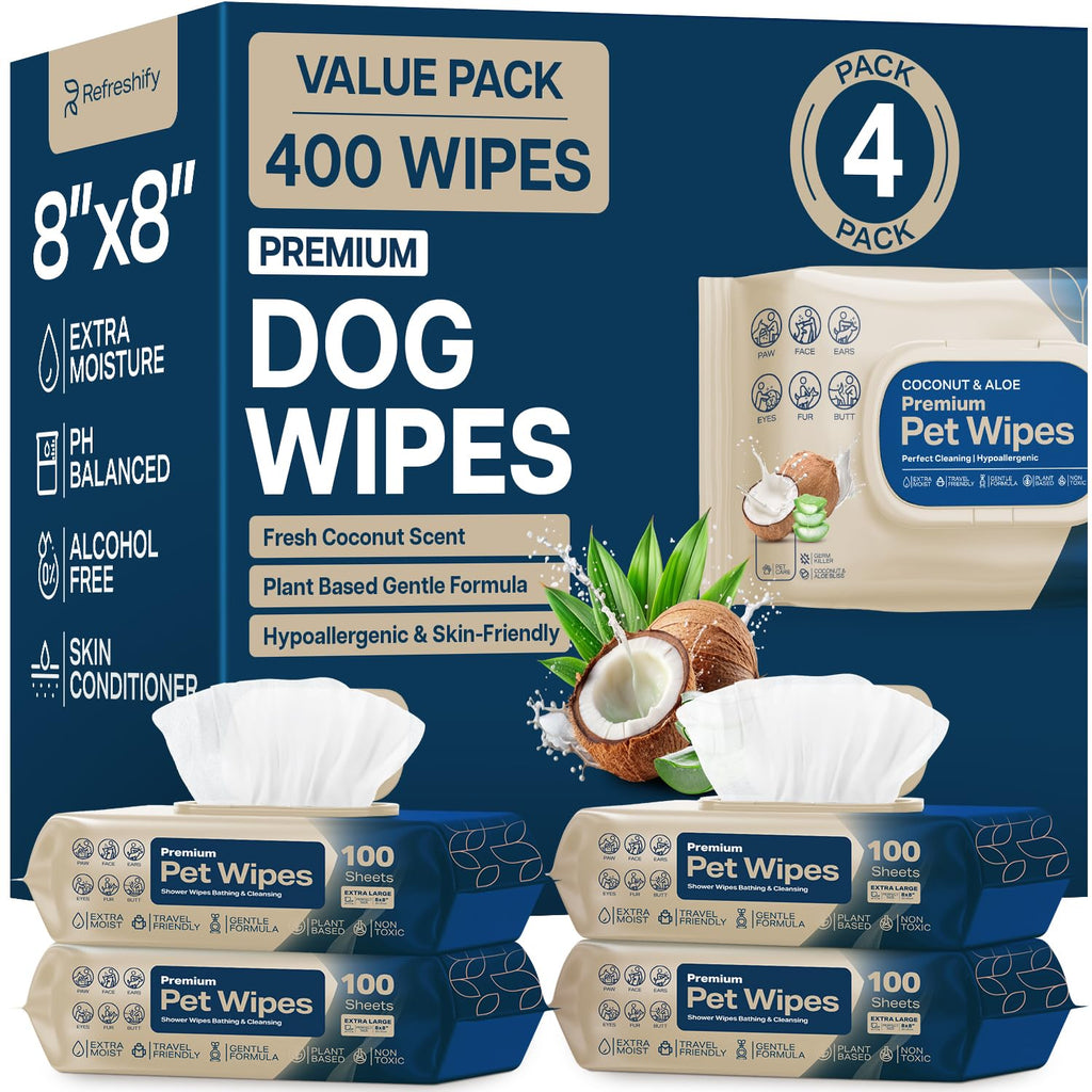 Refreshify Dog Wipes for Paws, a premium imported choice, featuring a fresh coconut scent and skin-friendly formula. Available at Curat Cart.