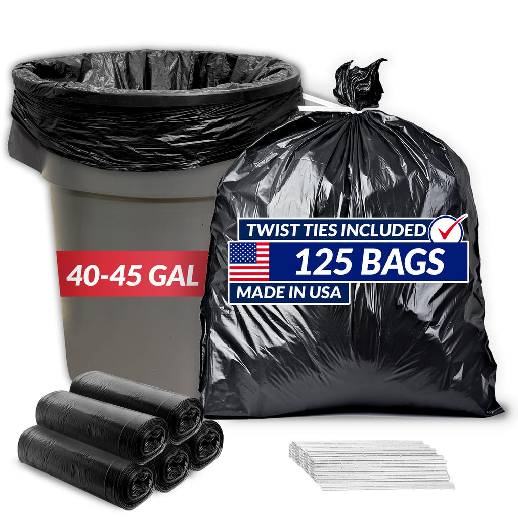 Premium imported Reli Heavy Duty Trash Bags, 40-45 gallon size, includes 125 bags with twist ties. Available at Curat Cart.