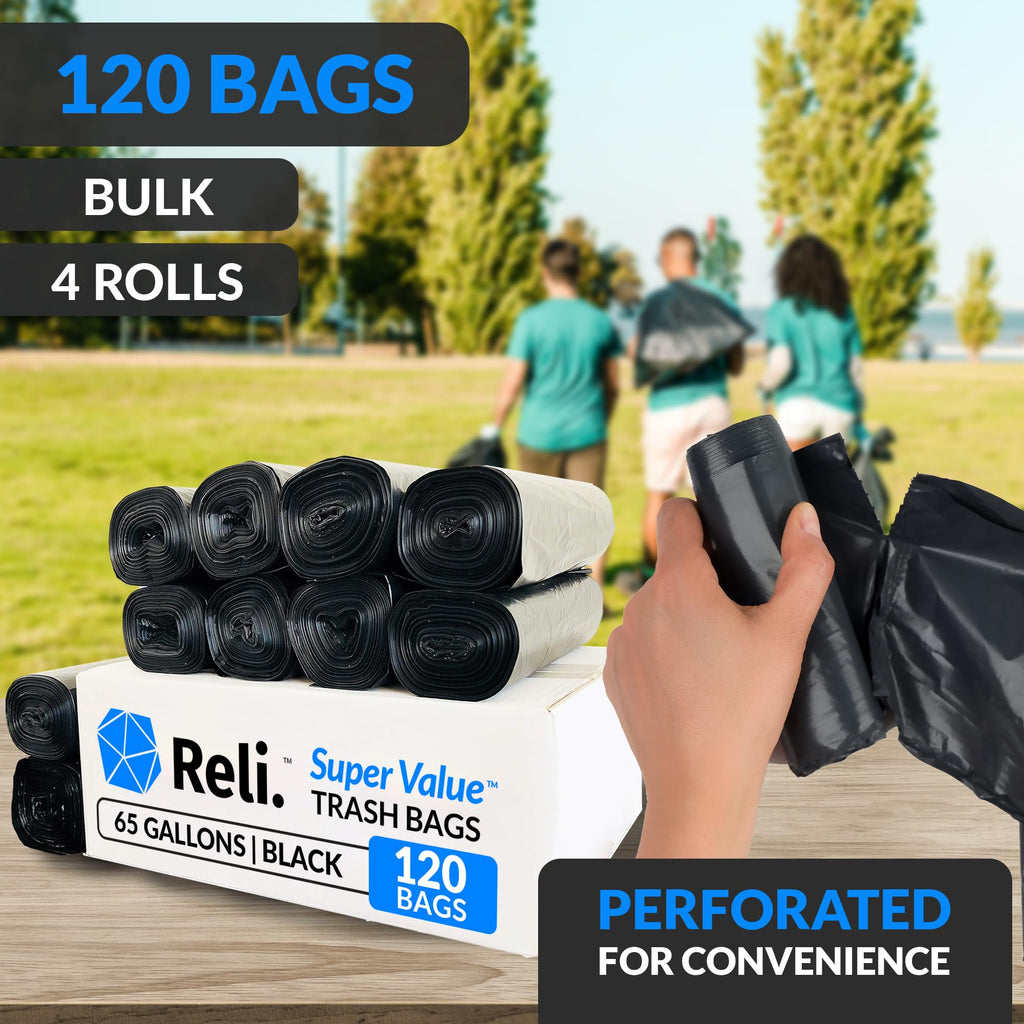 Reli Heavy Duty Trash Bags in official packaging, offering 120 bags in black for convenience. Available at Curat Cart.
