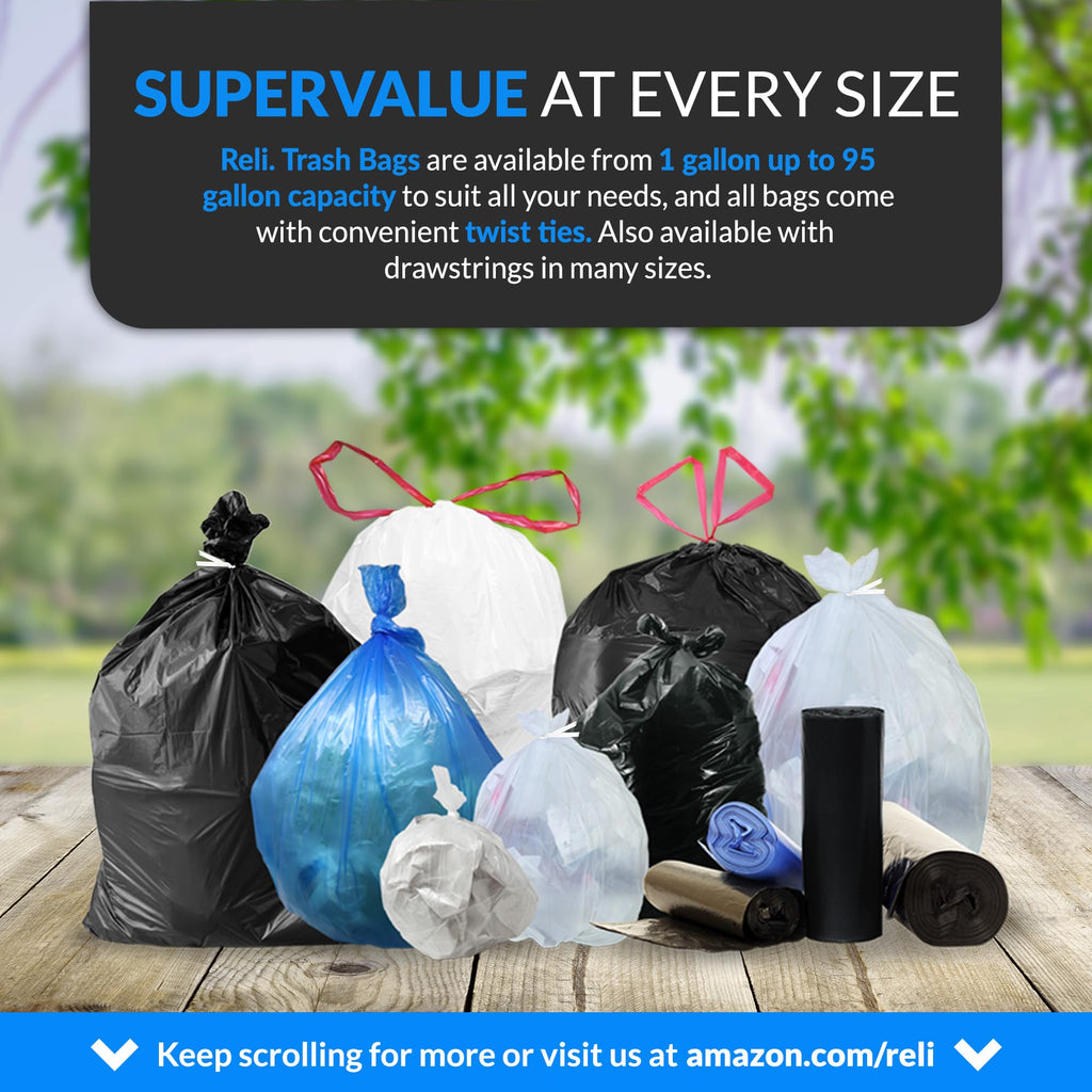 Reli Heavy Duty Trash Bags in various sizes and colors, featuring twist ties and high-quality material, available at Curat Cart.