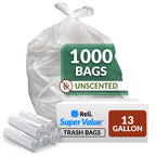 Discover Reli SuperValue Trash Bags, premium imported 13-gallon size with 1000 unscented bags, available at Curat Cart.