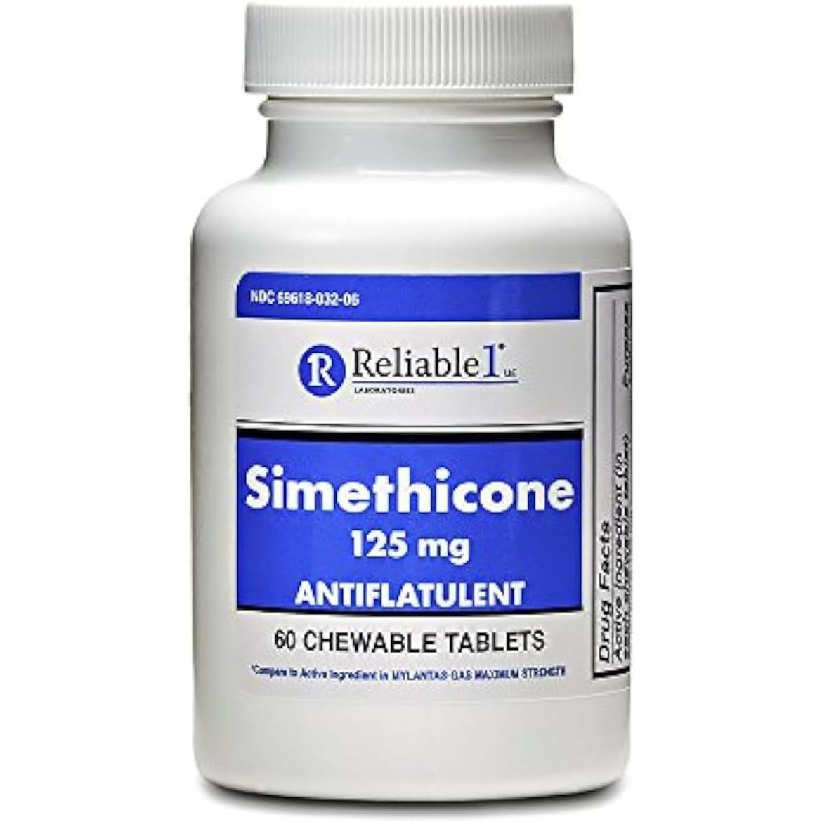 Premium imported Reliable-1 Simethicone Gas Relief Tablets, 125 mg, 60 chewable tablets for effective gas relief.