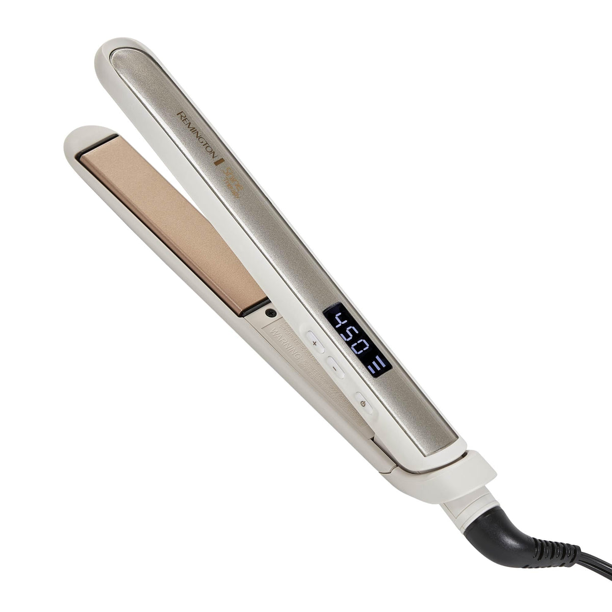 Authentic Remington Shine Therapy Hair Straightener features a sleek design and digital temperature display for precise styling.