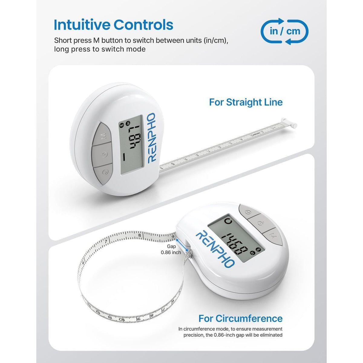 RENPHO Smart Body Measuring Tape in original packaging, showcasing intuitive controls for accurate measurements.