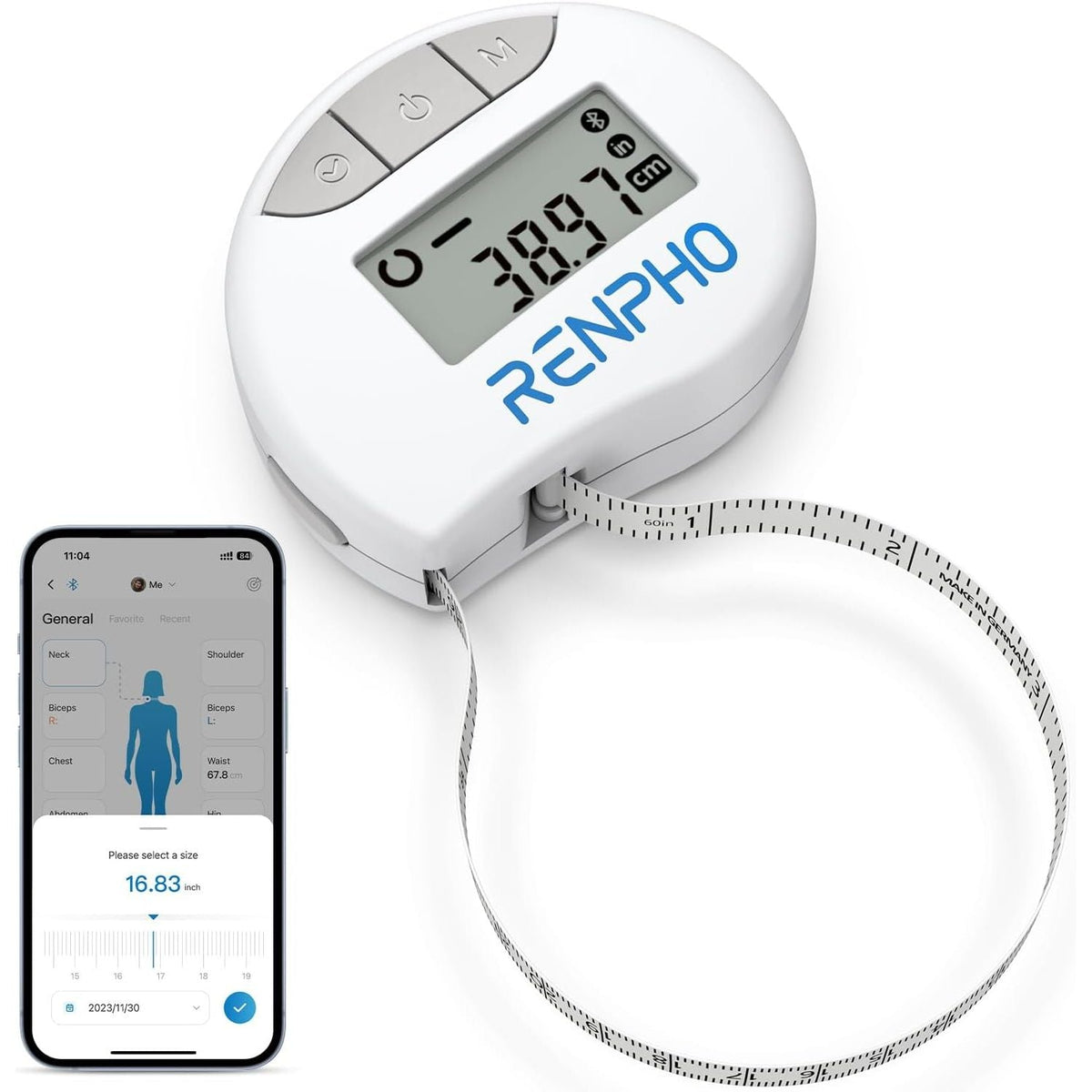 Official RENPHO smart body measuring tape with digital display and mobile app interface for accurate measurements.