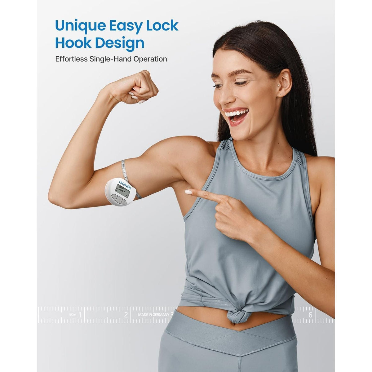 Discover the RENPHO Smart Body Measuring Tape, featuring a unique easy-lock design for effortless single-handed use. Verified by CuratCart.