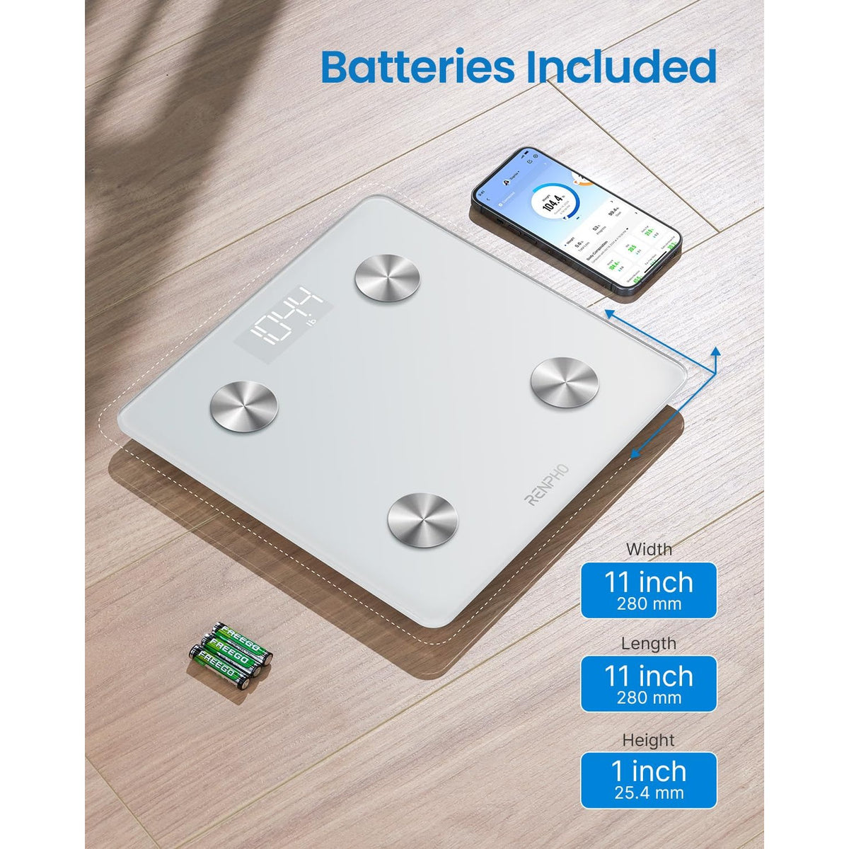 Discover the premium imported RENPHO Smart Scale featuring an elegant design and included batteries. Available at Curat Cart.