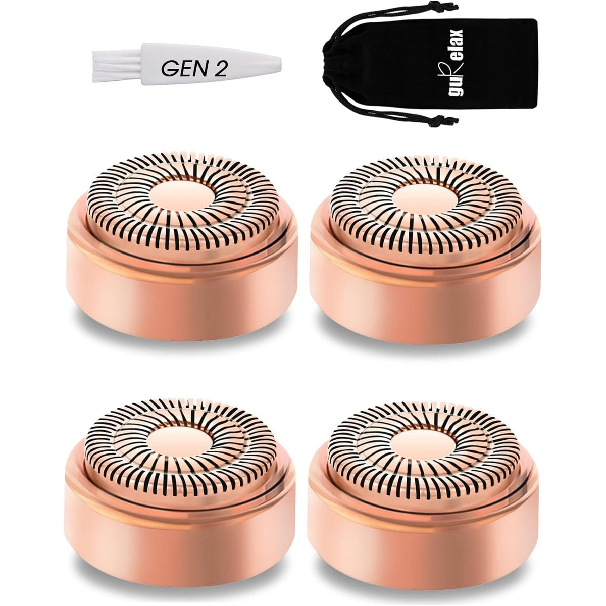 Set of four authentic Flawless Facial Hair Remover heads in rose gold, includes cleaning brush and pouch for easy storage.