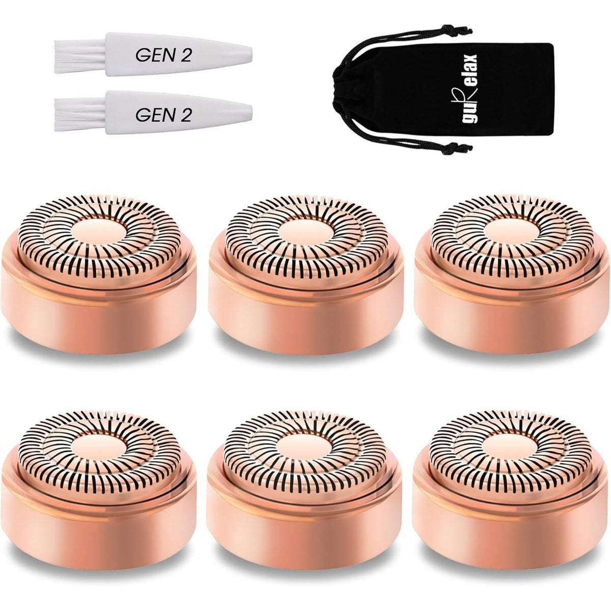 Six flawless facial hair remover heads with cleaning brushes, verified by CuratCart for quality assurance.