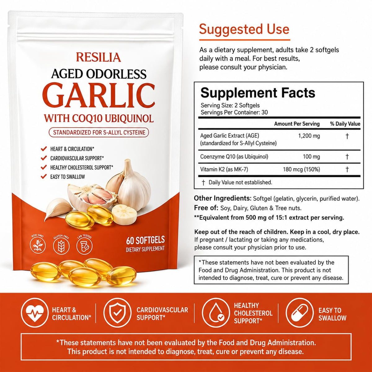 Resilia Aged Odorless Garlic Softgels, specially curated by Curat Cart for heart and cardiovascular support. Easy to swallow.