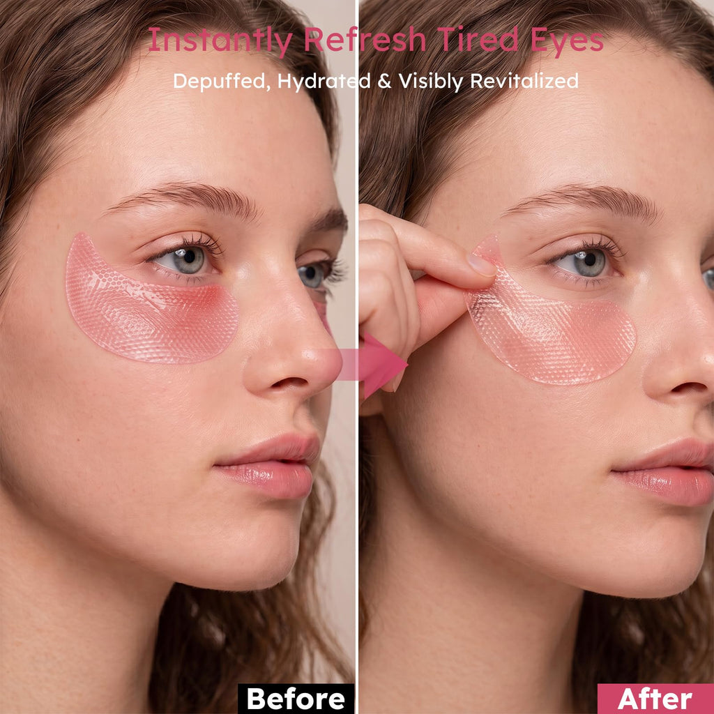 Before and after image showing eye patches on smooth skin, promoting hydration and revitalization. Verified by CuratCart.