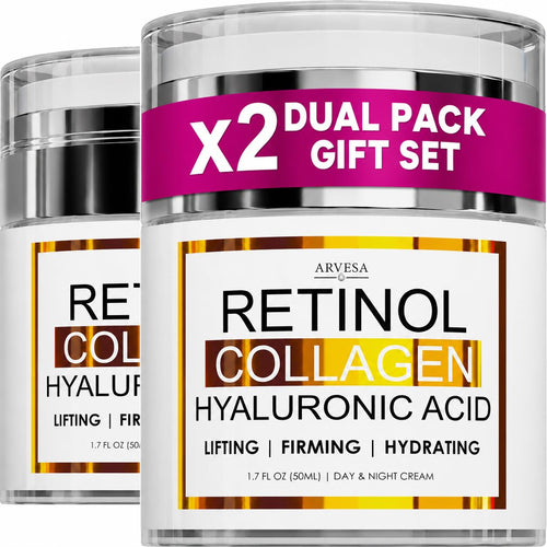 100% Genuine Retinol Cream with Collagen & Hyaluronic Acid. Dual pack for lifting, firming, and hydrating benefits.