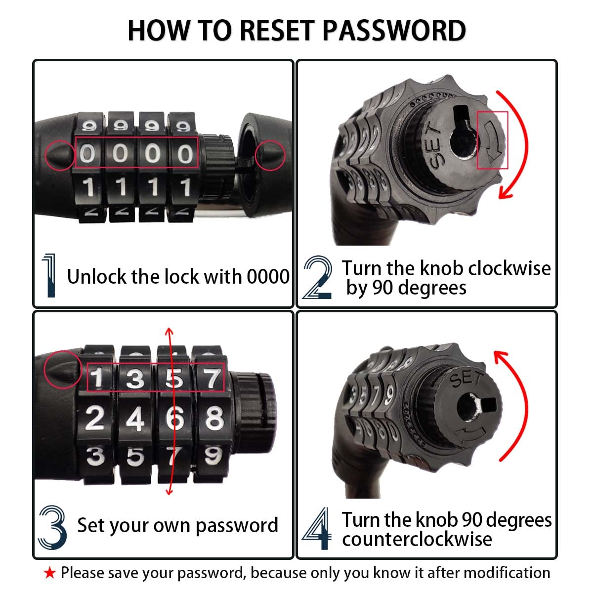 Detailed guide for resetting the Revelook Bike Lock Cable Combination, a premium import available at Curat Cart. Follow the steps for secure access.