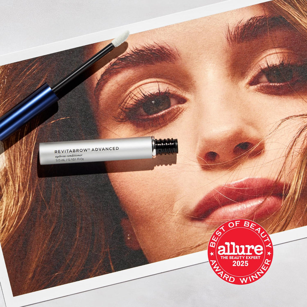 RevitaBrow Advanced serum with applicator, displayed on a beauty photo. Available for online order now!