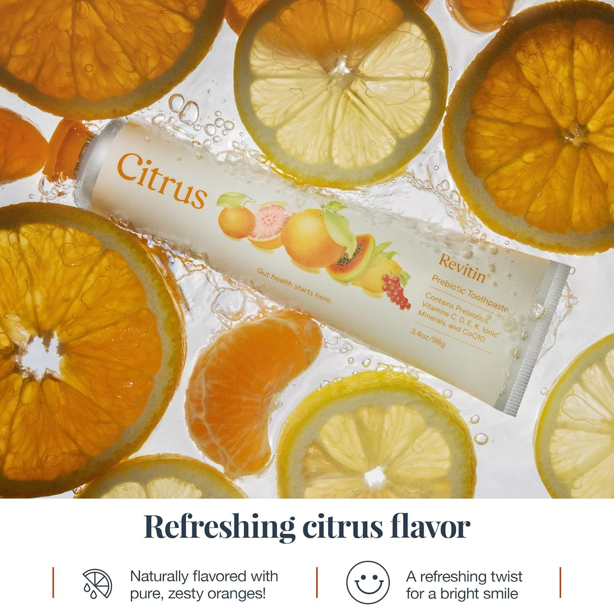 Revitin's fluoride-free tooth gel features zesty citrus flavor, packaged uniquely for a refreshing smile experience.