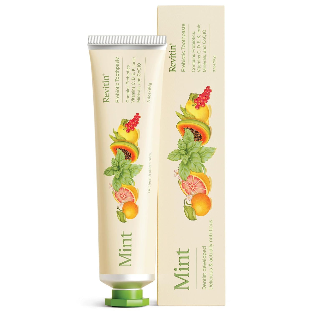 Premium imported Revitin fluoride-free tooth gel with mint flavor, featuring tropical fruit illustrations for a refreshing clean.