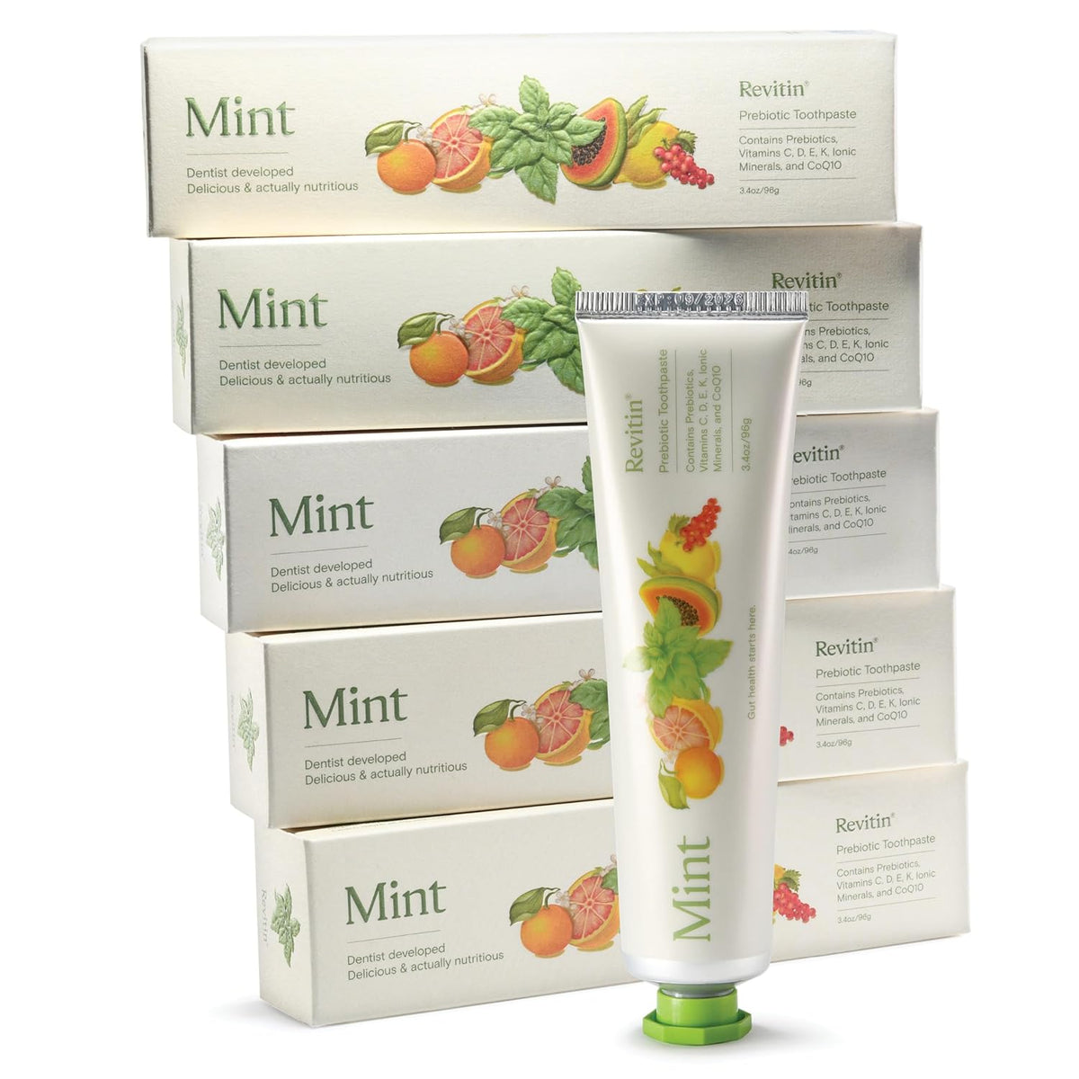 Discover 100% genuine Revitin Fluoride-Free Tooth Gel, mint flavor, surrounded by elegant packaging.
