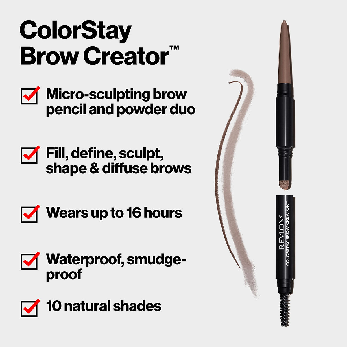Revlon ColorStay Brow Creator features high-quality packaging with a micro-sculpting pencil and powder duo for perfect brows. Available at Curat Cart.