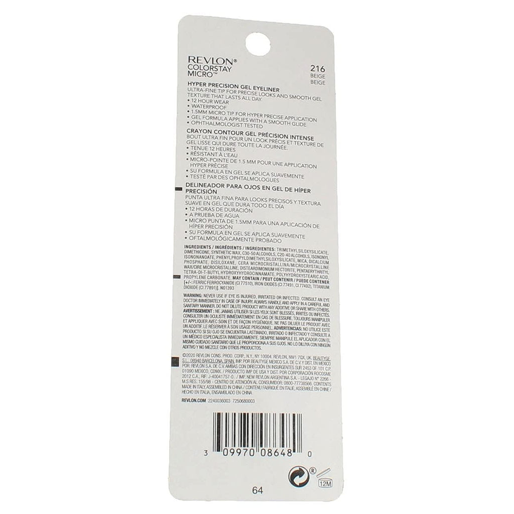 Revlon ColorStay Micro Hyper Precision Gel Eyeliner in Beige, featuring original packaging and detailed application instructions on the back.