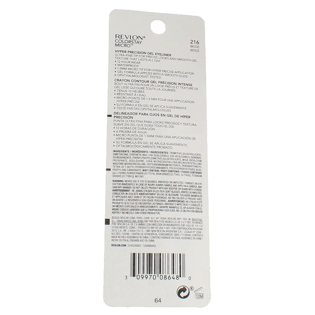 Revlon ColorStay Micro Hyper Precision Gel Eyeliner in Beige, featuring original packaging and detailed application instructions on the back.