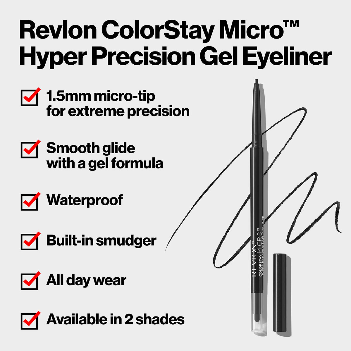 Shop Revlon ColorStay Micro Hyper Precision Gel Eyeliner. 1.5mm micro-tip, waterproof, all-day wear. Available in 2 shades online!