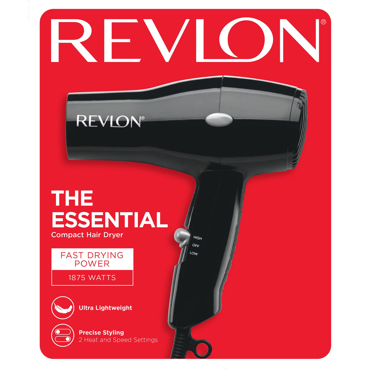 Revlon's Essential Compact Hair Dryer features 1875 watts of fast drying power with two heat settings, ideal for precise styling.