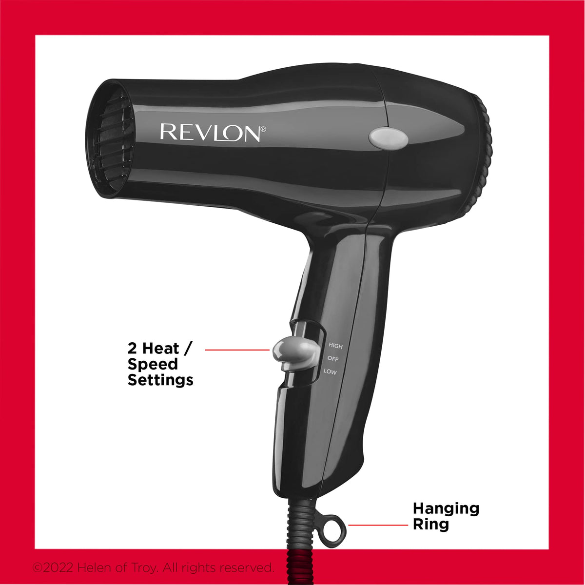 Premium imported Revlon compact hair dryer featuring 2 heat/speed settings and a convenient hanging ring.