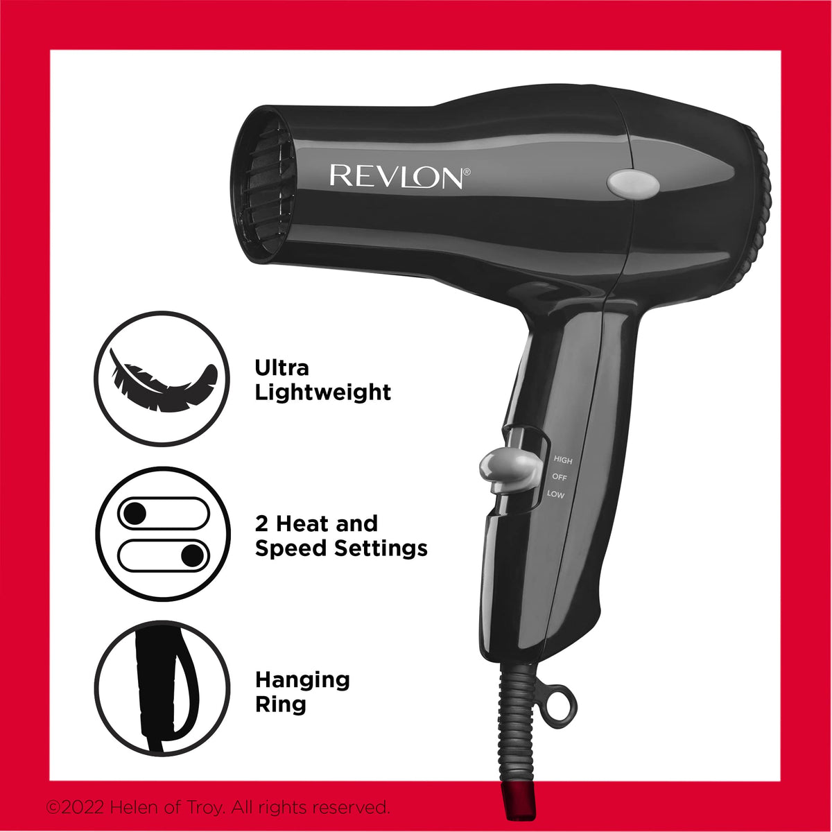 Discover the Revlon Compact Hair Dryer, ultra lightweight with 2 heat settings. Verified by CuratCart for your trust.