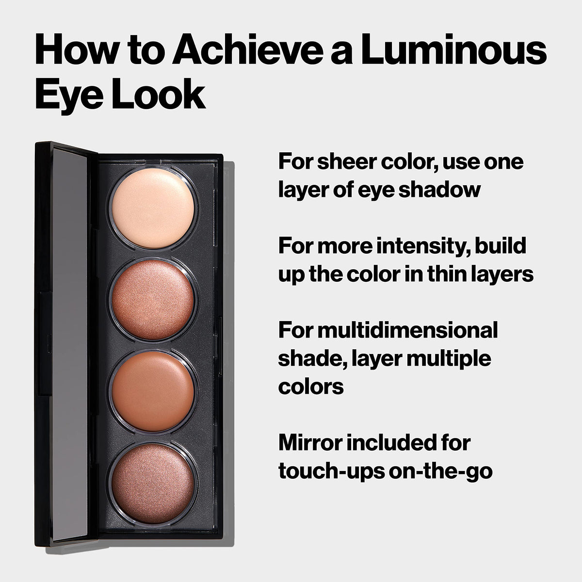 Revlon Crème Eyeshadow Palette featuring four shades, with tips for achieving a luminous eye look. Ideal for versatile makeup.