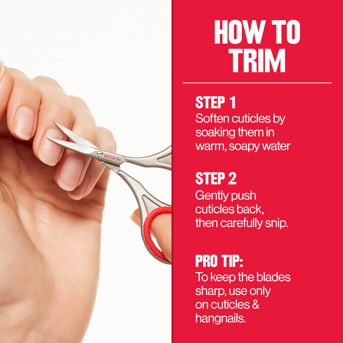 Revlon Cuticle Scissors in use, demonstrating trimming technique for cuticles with care and precision.