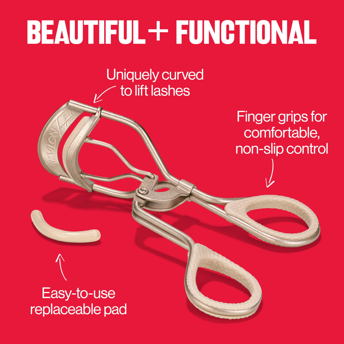 Revlon Lash Curler features a unique curve for lifting lashes, with comfortable finger grips and a replaceable pad.