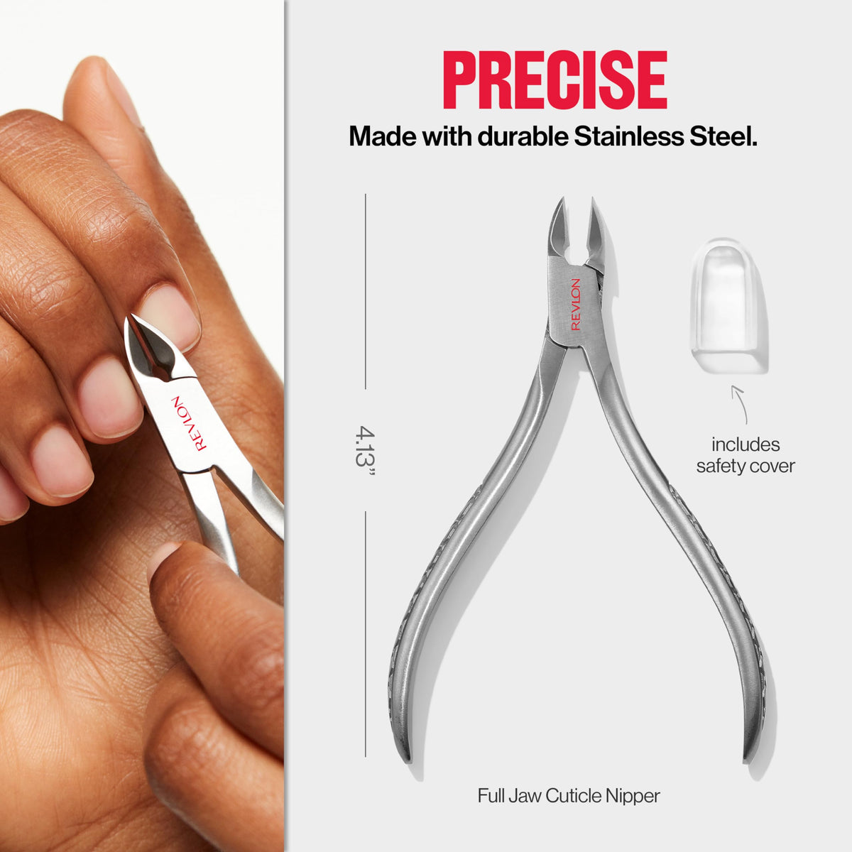 Revlon Cuticle Nipper made of durable stainless steel, featuring a safety cover for precision grooming. Original packaging included.