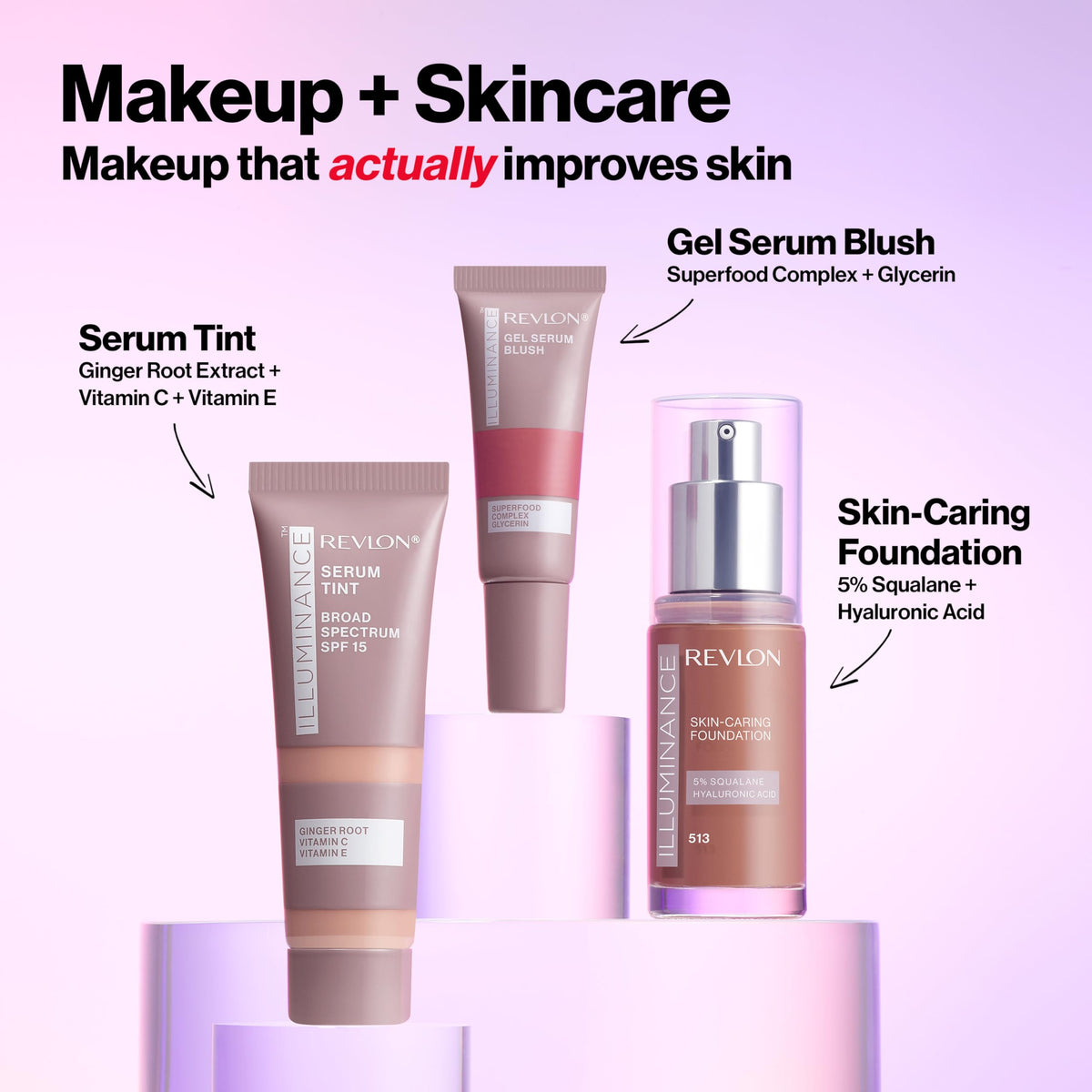 Revlon's Illuminance Tinted Serum showcased with serum tint and gel blush, highlighting innovative skincare benefits.