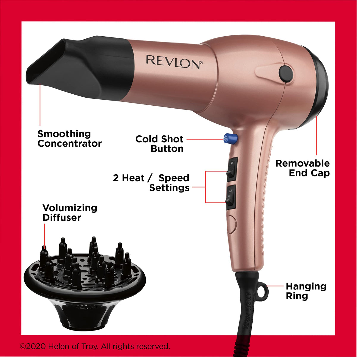 Revlon Light & Fast Hair Dryer in rose gold with multiple settings and accessories for salon-quality styling at home.