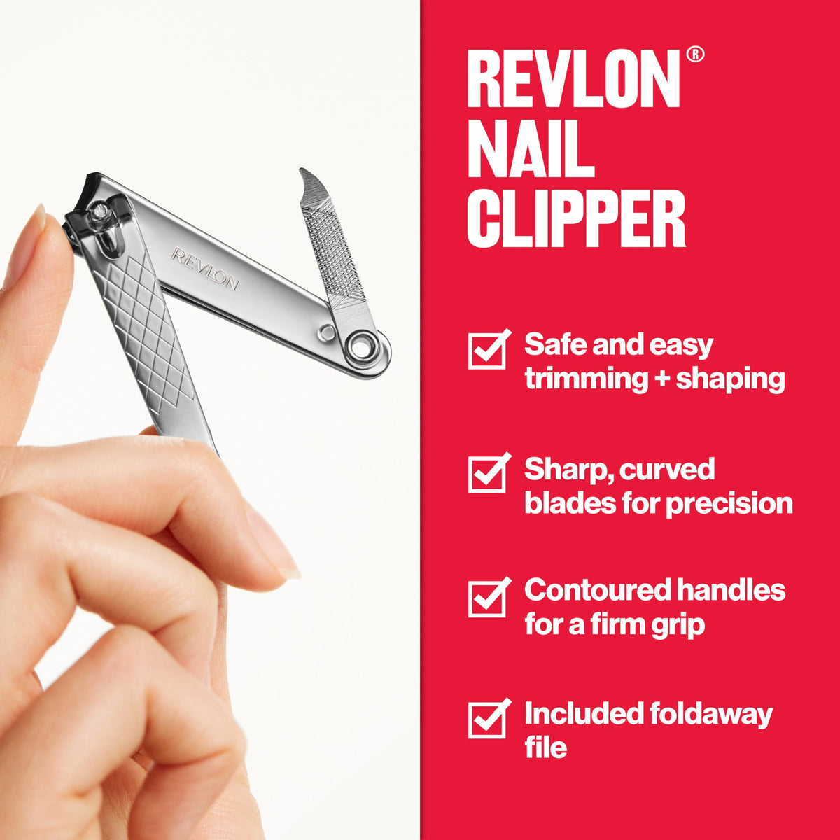Premium imported Revlon nail clipper featuring sharp blades, contoured handles, and a foldaway file for effortless nail care.