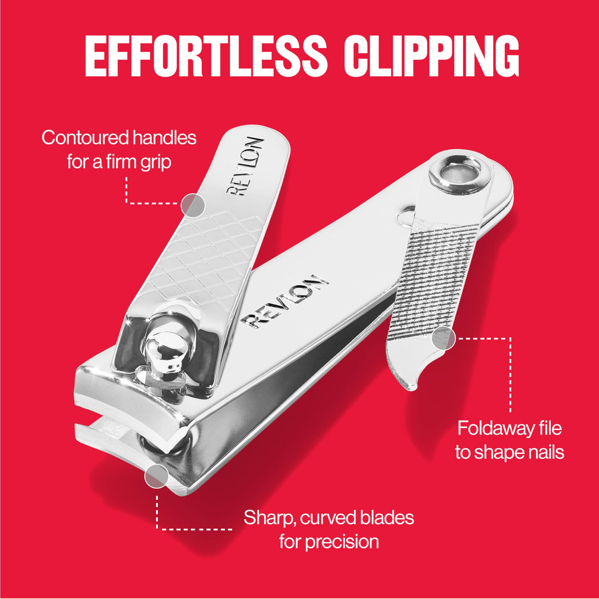 Revlon Nail Clipper with file, featuring contoured handles for grip and sharp blades for precise clipping, verified by CuratCart.