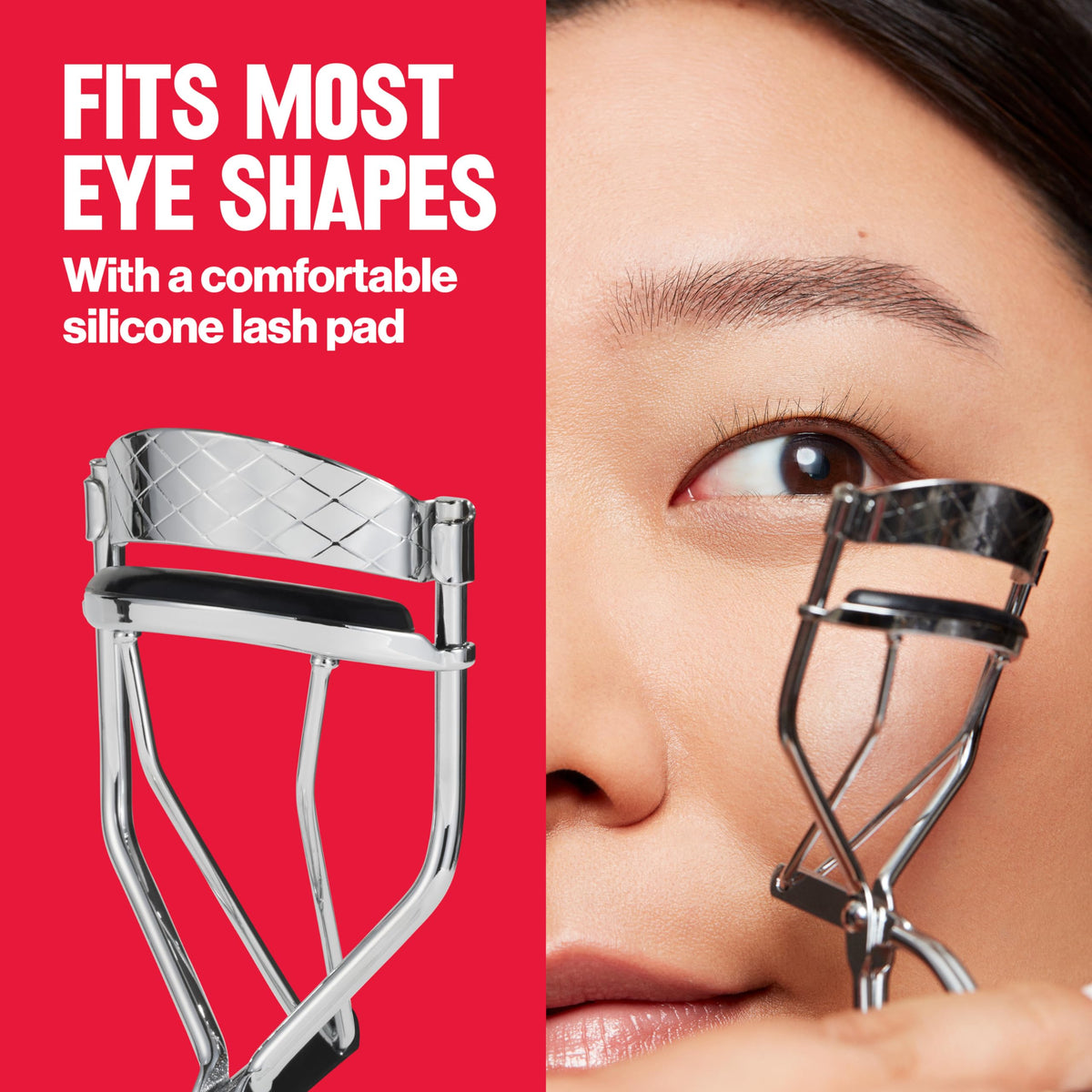 Revlon Natural Curl Lash Curler designed for all eye shapes, featuring a soft silicone pad for comfort and effective curling.